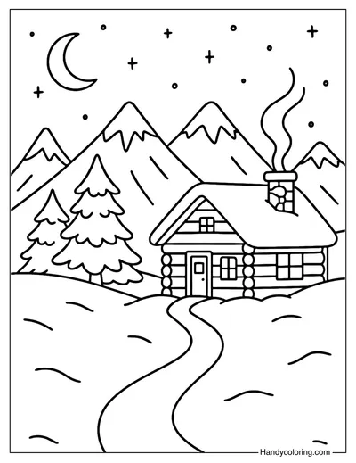 Snowy Mountain Cabin Coloring Page