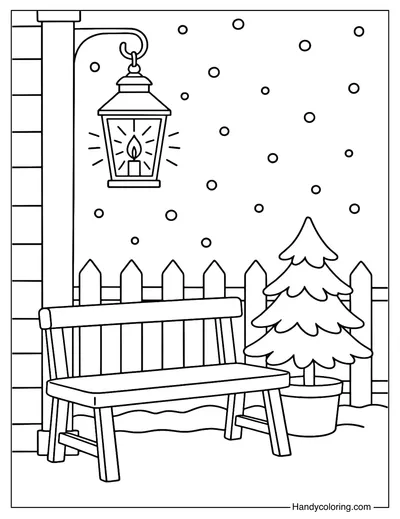 Snowy Porch with Lanterns Coloring Page