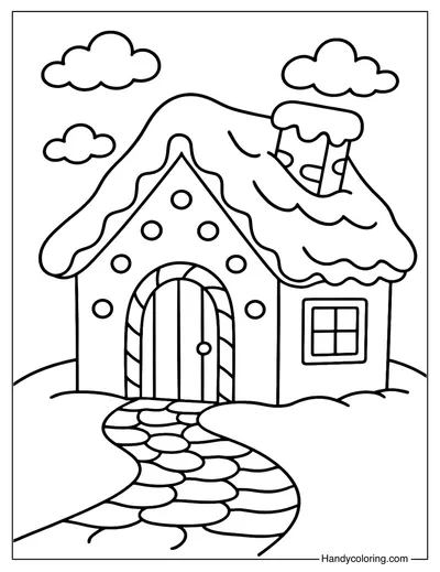Snowy Roof Gingerbread House Coloring Page