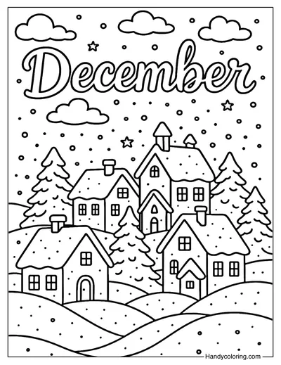 Snowy Village December Coloring Page