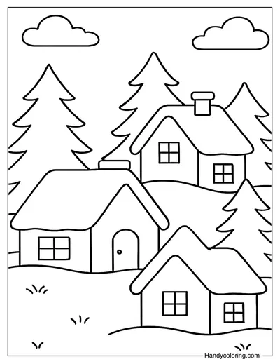 Snowy Village Scene Coloring Page