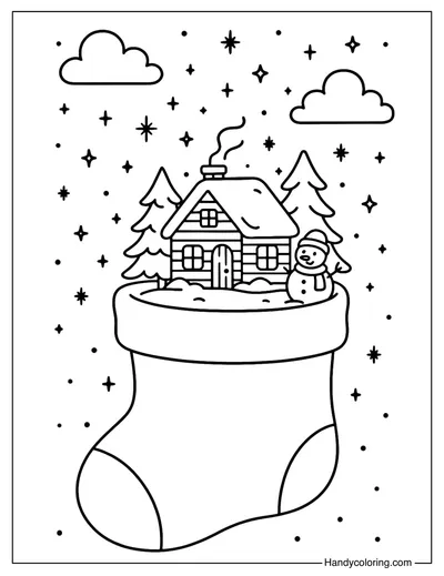 Snowy Village Stocking Coloring Page