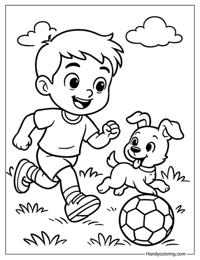 Soccer Ball Chase with Puppy Coloring Page