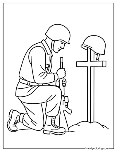 Soldier Kneeling at Cross Coloring Page