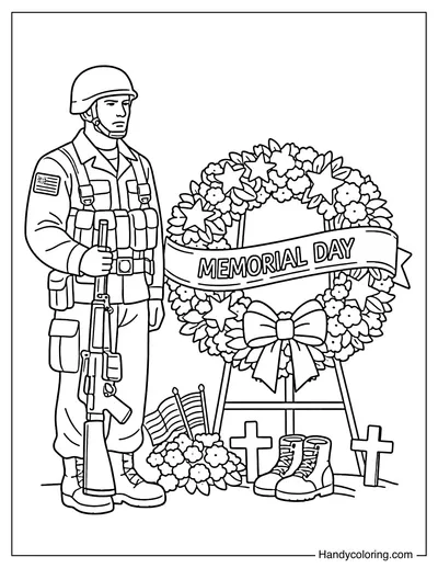 Soldier Stands Next To A Memorial Wreath