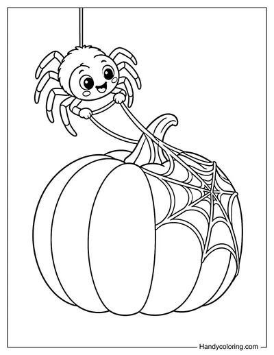 Spider Decorating a Pumpkin with Web