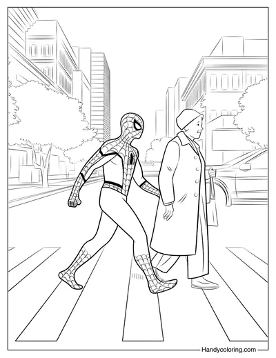Spider-Man Helping an Old Lady Cross the Street Coloring