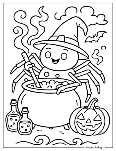 Spider Witch Cauldron Coloring Page