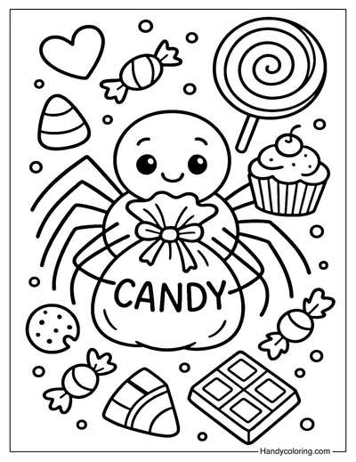 Spider with Candy Coloring Page