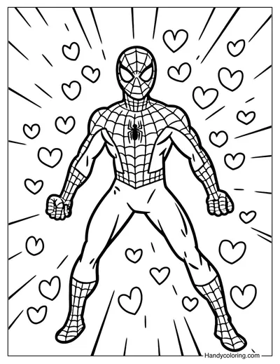 Spiderman and a Rain of Hearts Coloring Page