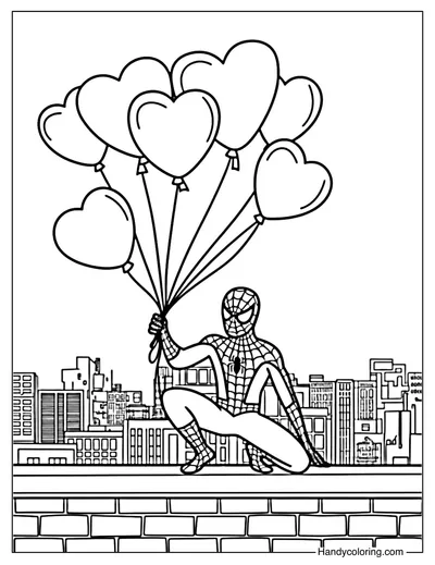 Spiderman and Heart Balloons Coloring Page