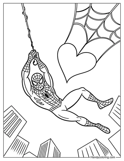 Spiderman Swinging on a Web with a Heart Coloring