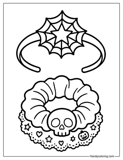 Spiderweb Headband and Skull Scrunchie Coloring Page