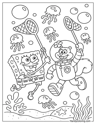 SpongeBob and Sandy Catching Jellyfish