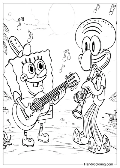 Spongebob and Squidward Play Instruments Coloring