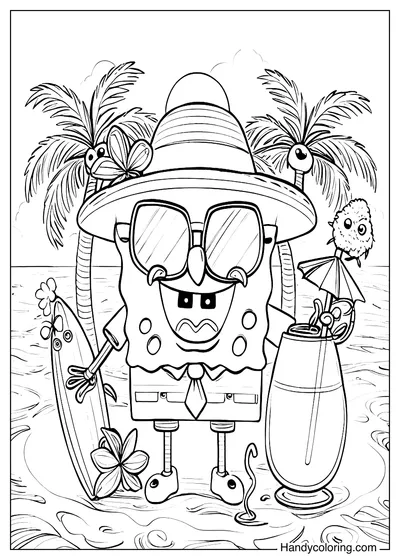Spongebob at the Tropical Beach Coloring Sheet