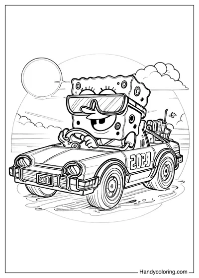 Spongebob Driving a Car Coloring Page