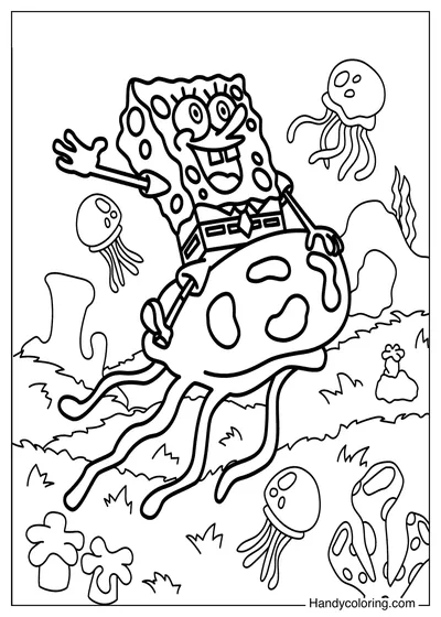 SpongeBob Riding a Jellyfish Coloring