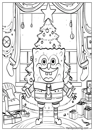 Spongebob with Christmas Tree Coloring Page