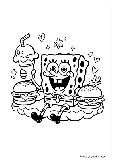 SpongeBob with Ice Cream and Hamburgers Coloring
