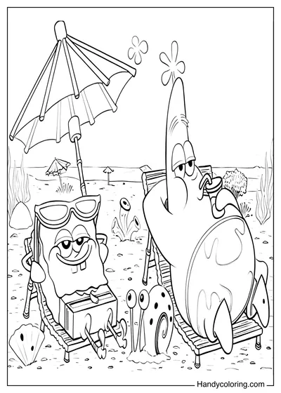 Spongebob with Patrick on the Beach Coloring Page