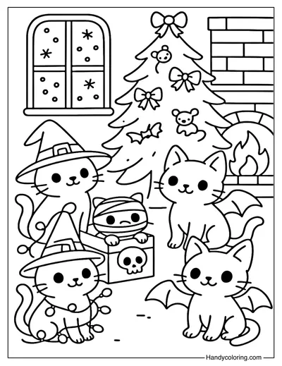 Spooky Cats Christmas Eve Coloring Page