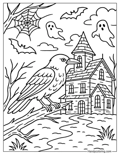 Spooky Forest Crow Coloring Page