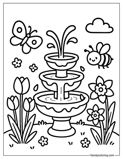 Spring Bloom Fountain Coloring Page