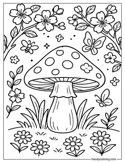 Spring Blossom Mushroom Coloring Page