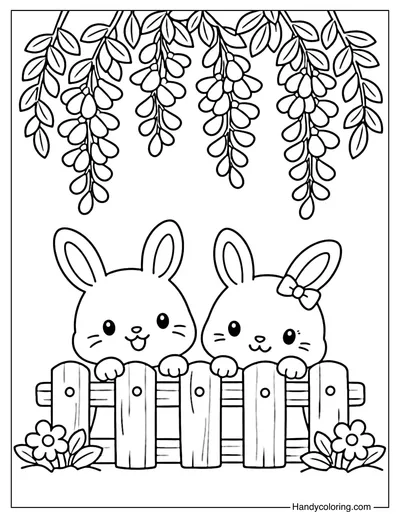 Spring Bunny Behind Fence Coloring Page
