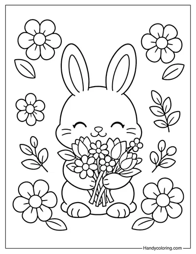 Spring Bunny With Flowers Coloring Page