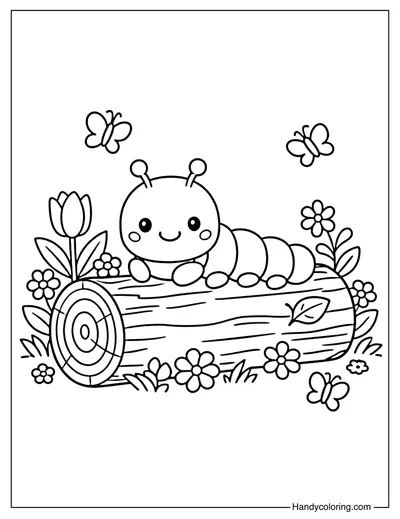 Spring Caterpillar On Stump Coloring Page
