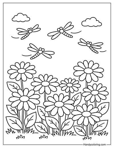Spring Flower Garden with Dragonflies Coloring Page