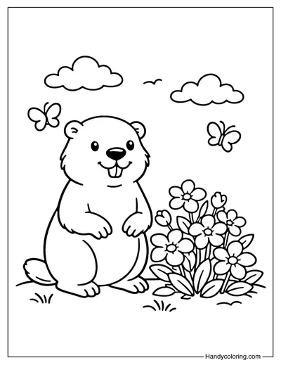 Spring Flowers Groundhog Coloring Page