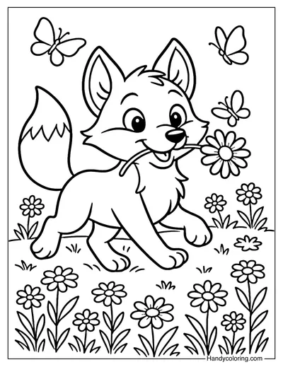 Spring Fox with Flowers Coloring Page