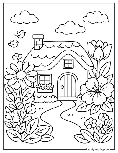 Spring Garden Cottage Coloring Page