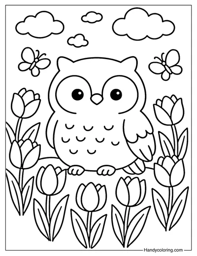 Spring Garden Owl Coloring Page