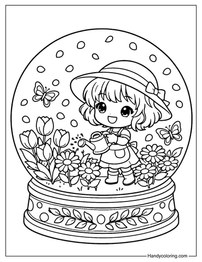 Spring Garden Snow Globe Coloring Page