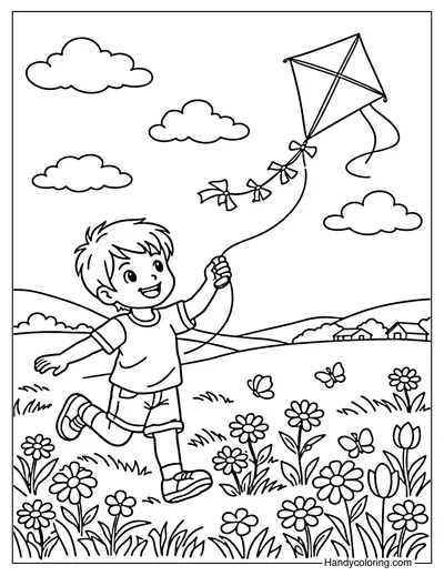 Spring Kite Flying Coloring Page