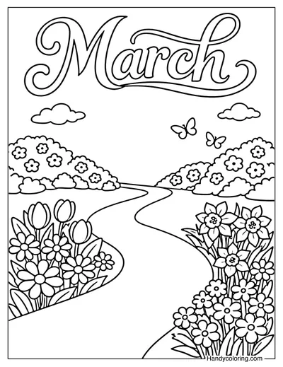Spring Path with Flowers Coloring Page