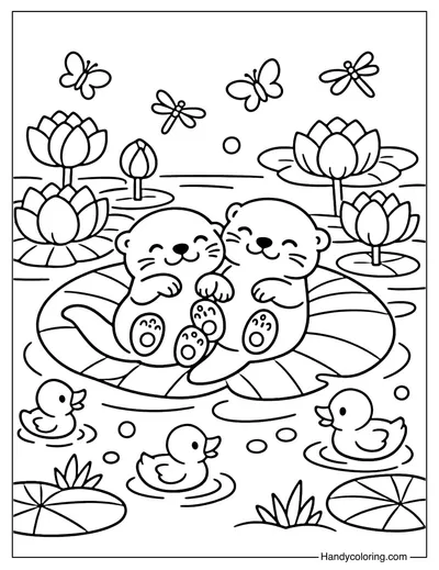 Spring Pond Otters Coloring Page