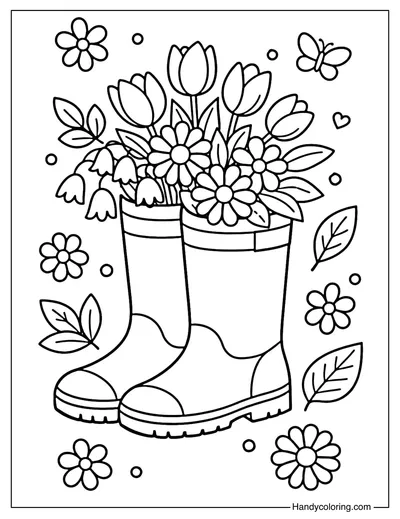 Spring Rain Boots With Flowers Coloring Page