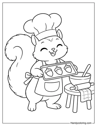 Squirrel Baking Acorn-Shaped Cookies