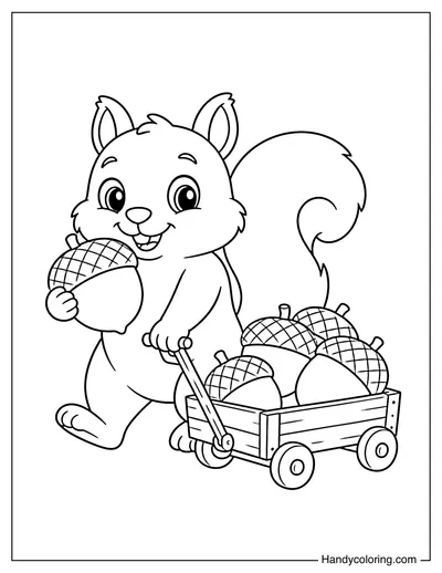 Squirrel Filling a Tiny Acorn Cart
