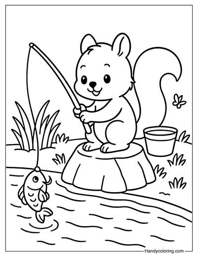 Squirrel Fishing Coloring Page