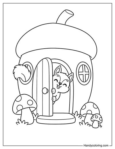 Squirrel Peeking Out of an Acorn-Shaped House