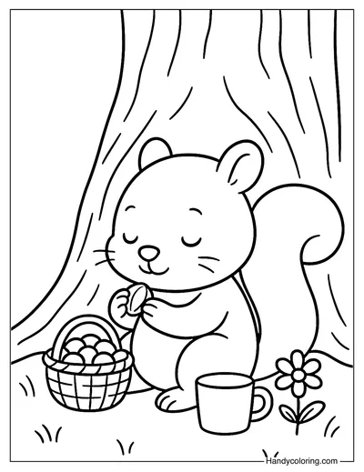 Squirrel Picnic Under the Tree Coloring Page
