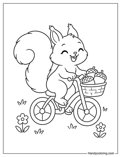 Squirrel Riding a Bicycle with Acorn Basket