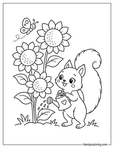 Squirrel Watering a Sunflower Garden