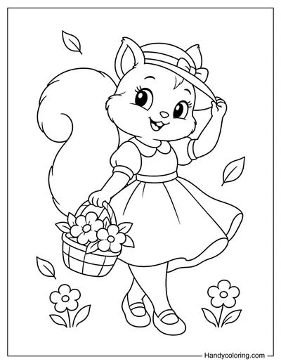 Squirrel Wearing a Dress and Carrying a Flower Basket